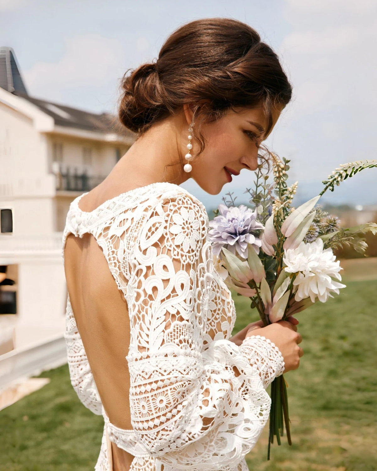 boho bishop sleeve crochet lace wedding dress - image 3