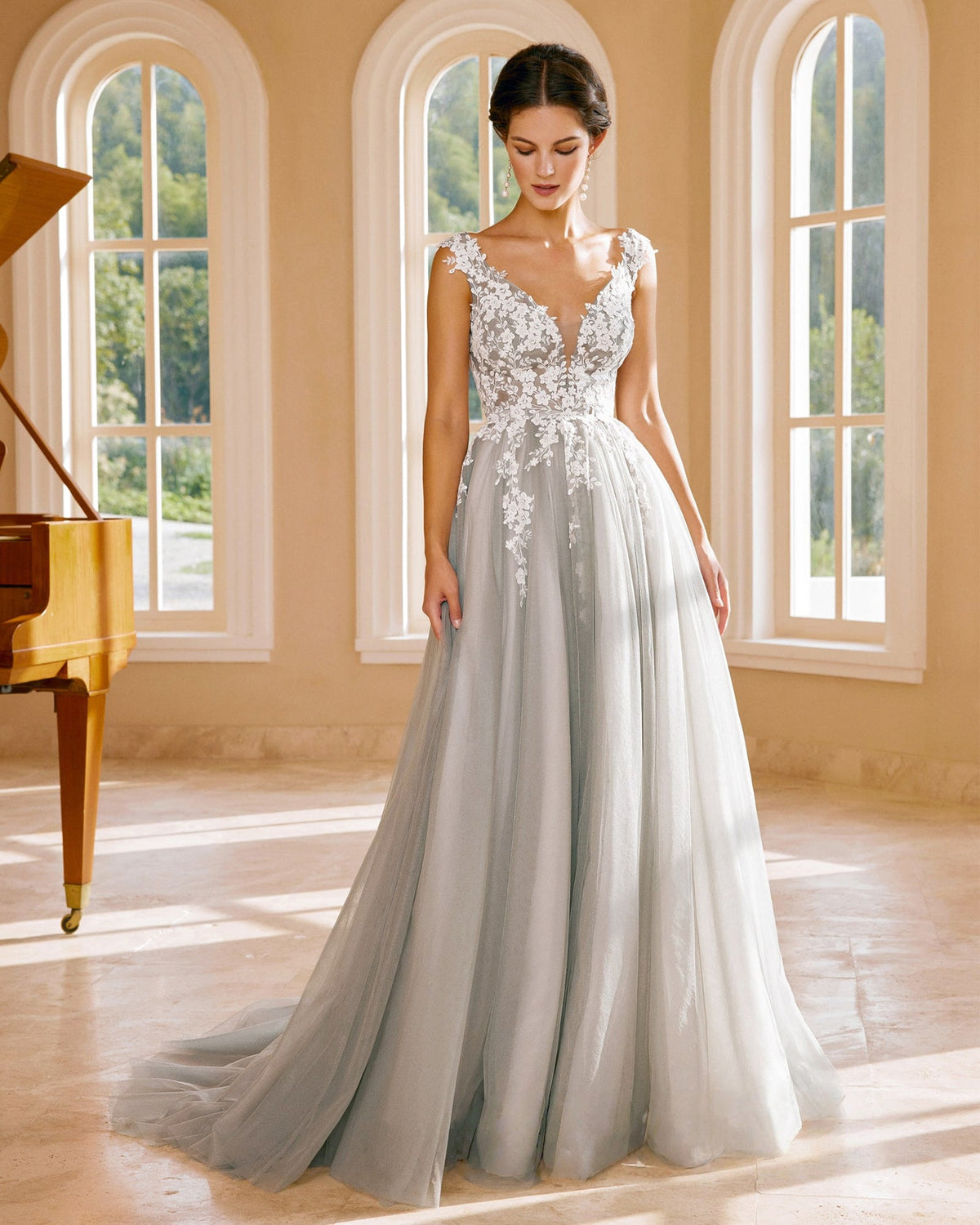 cap sleeve v-neck lace applique a-line wedding dress - image 3