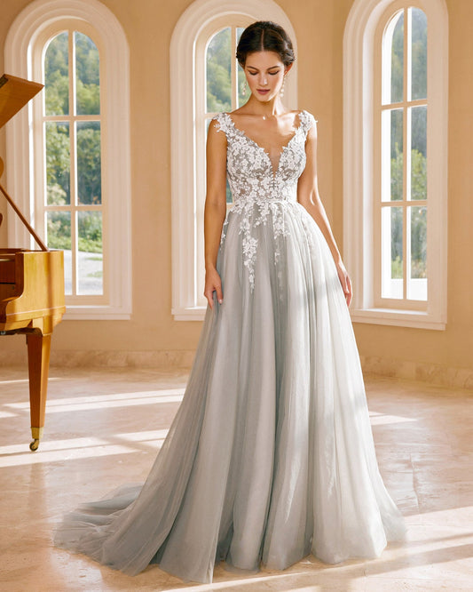 cap sleeve v-neck lace applique a-line wedding dress - image 3