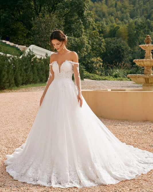 off-shoulder lace sleeve tulle wedding ball gown - image 3