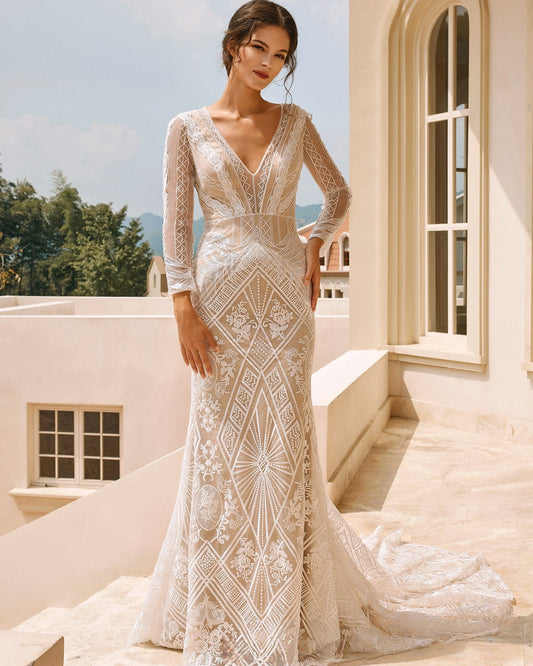 long sleeve geometric lace mermaid wedding dress - image 3