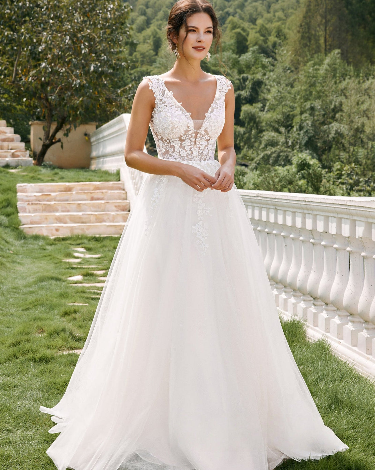 sleeveless v-neck lace tulle a-line wedding dress - image 3
