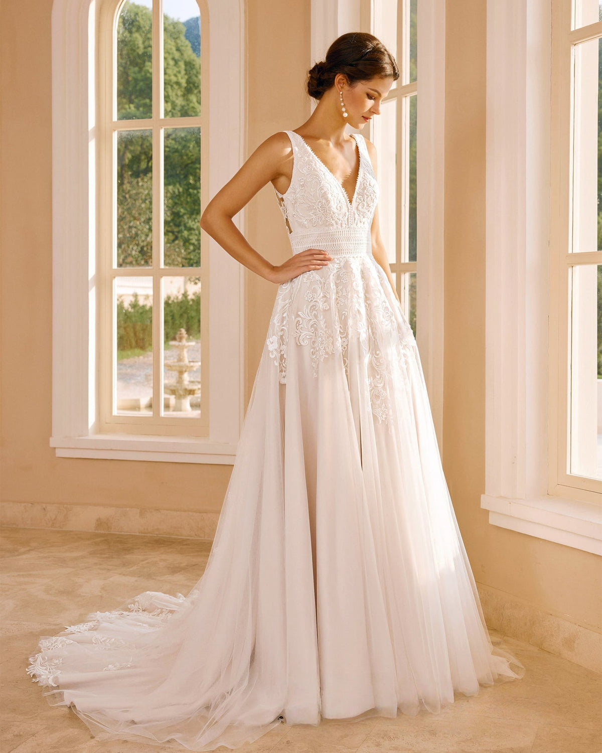 sleeveless v-neck lace tulle chapel train wedding dress - image 3