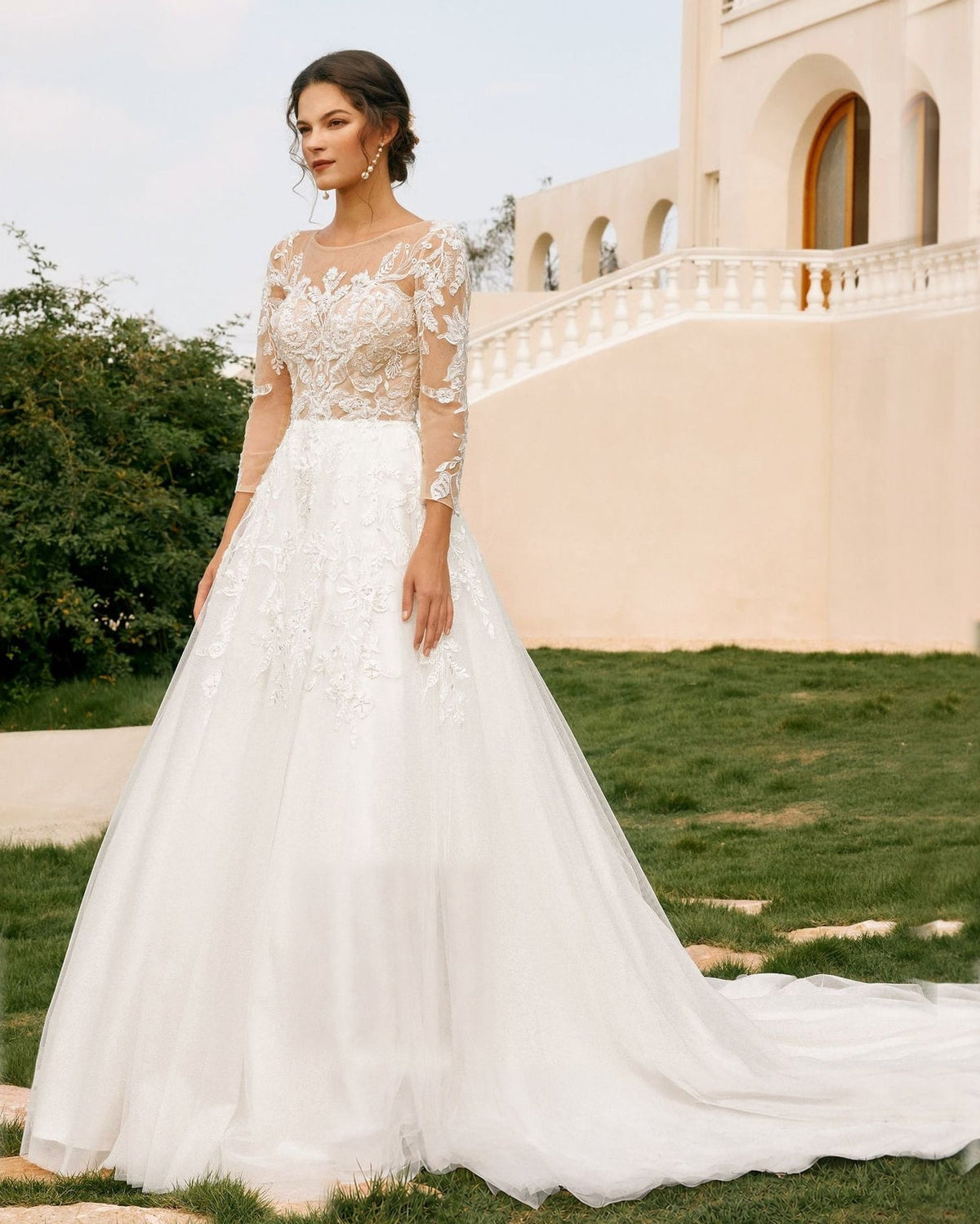 bateau neck lace sleeve tulle a-line wedding dress - image 3
