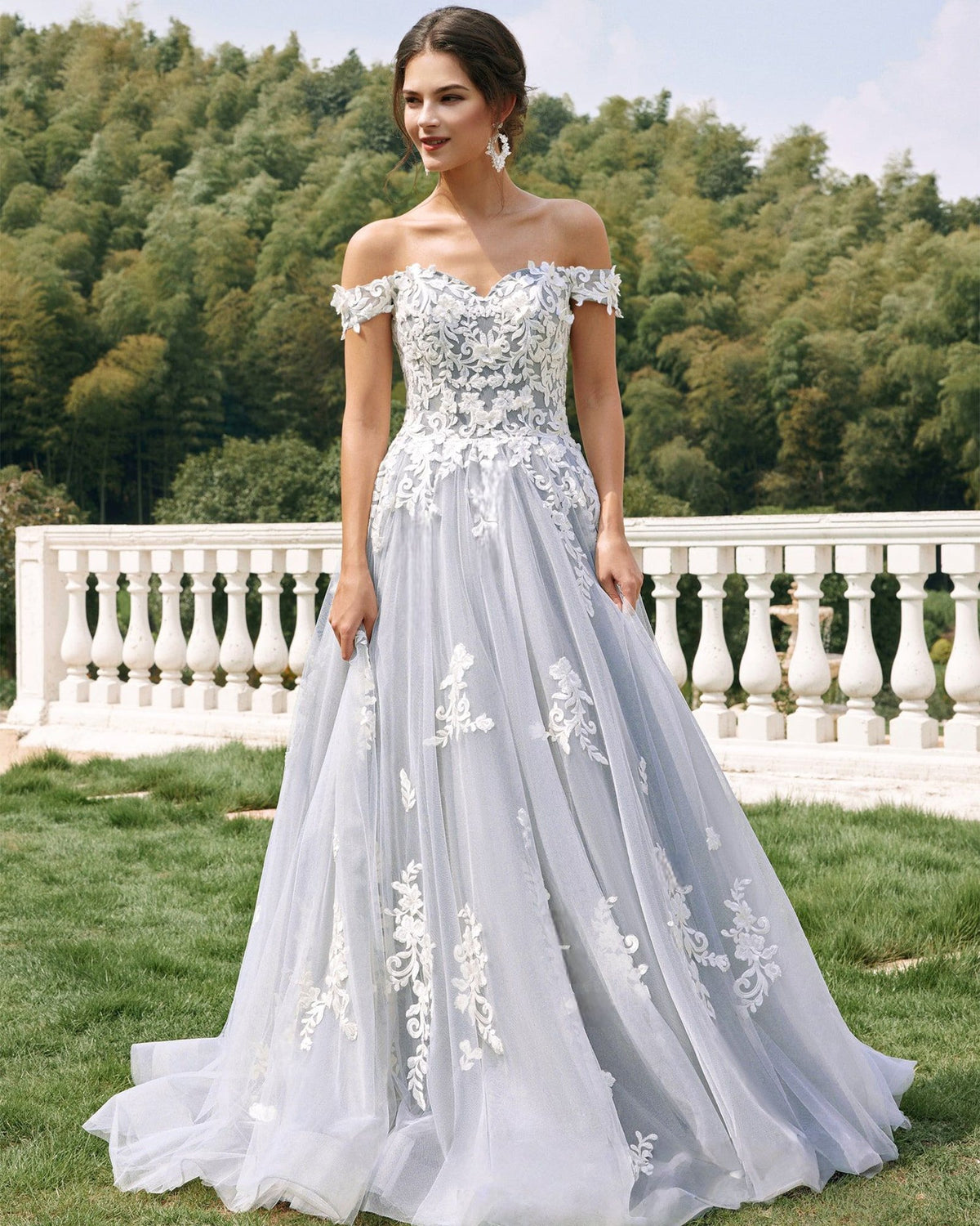 off-shoulder lace applique tulle ball gown wedding dress - image 3
