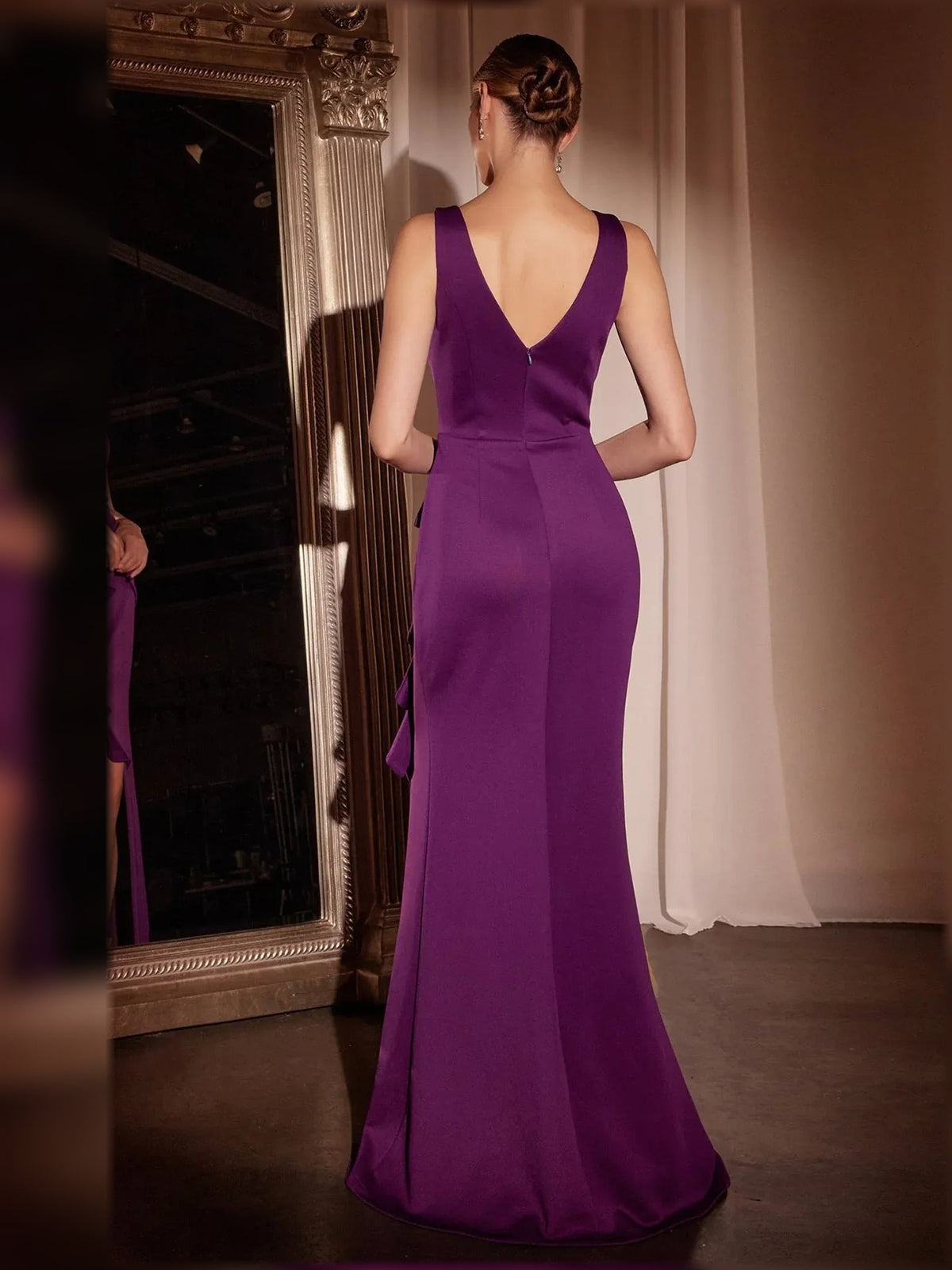 Deep purple back view: ruffled mermaid formal dress with V-back and high slit
