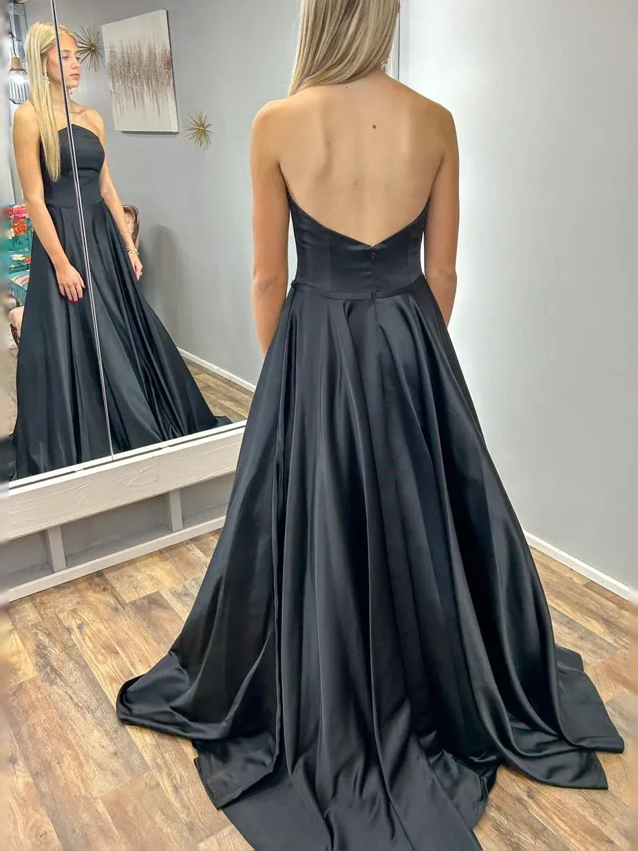 Black satin backless sweetheart ball-gown maxi dress with wide open back and pleated skirt