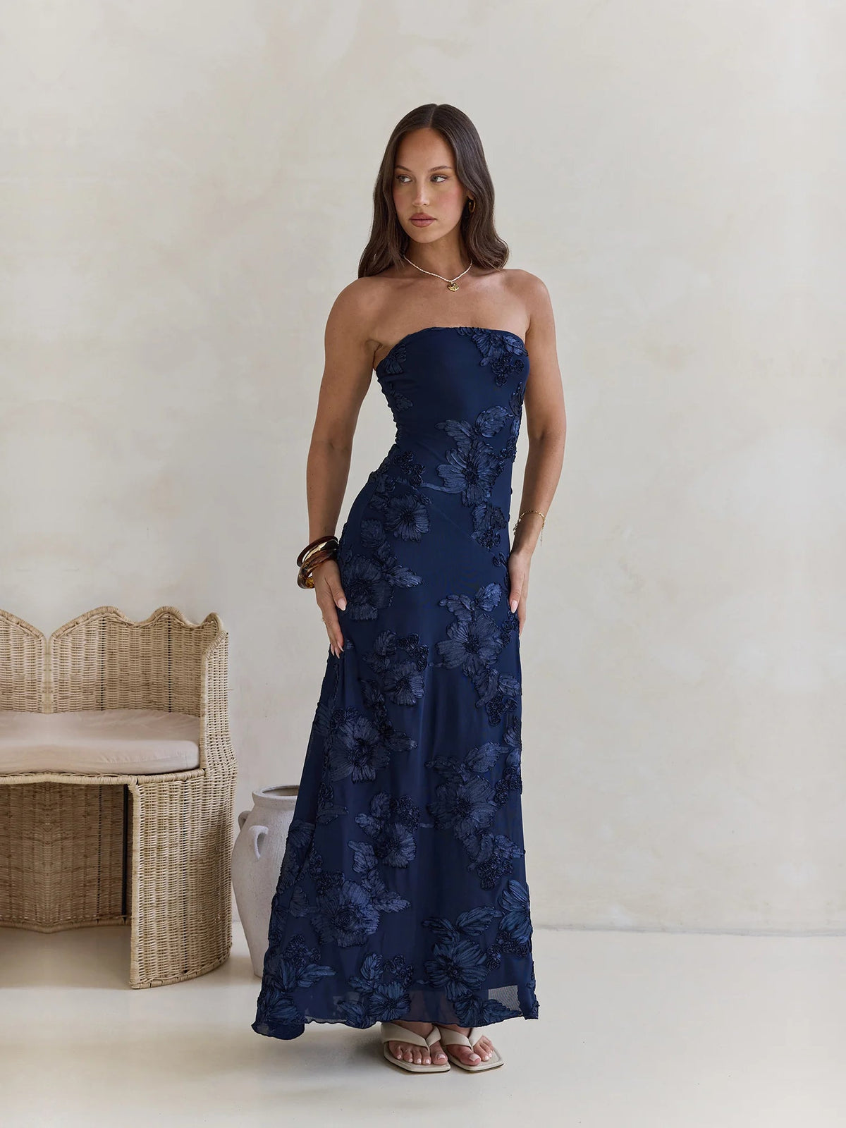 Navy sheath maxi formal dress with strapless neckline, alternate view