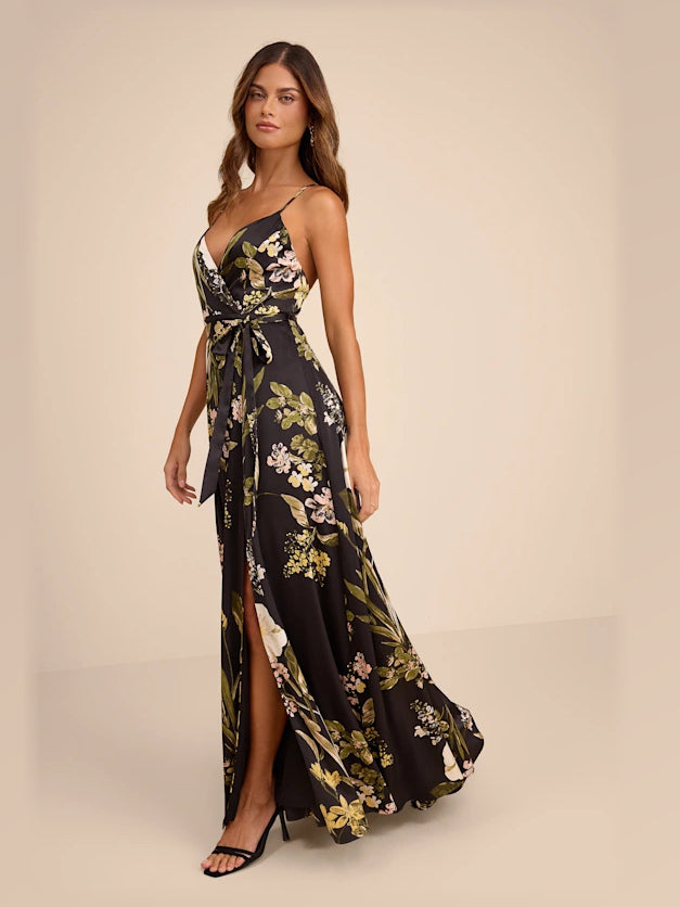 Black Floral maxi formal dress, alternate full-length view showing the waistline