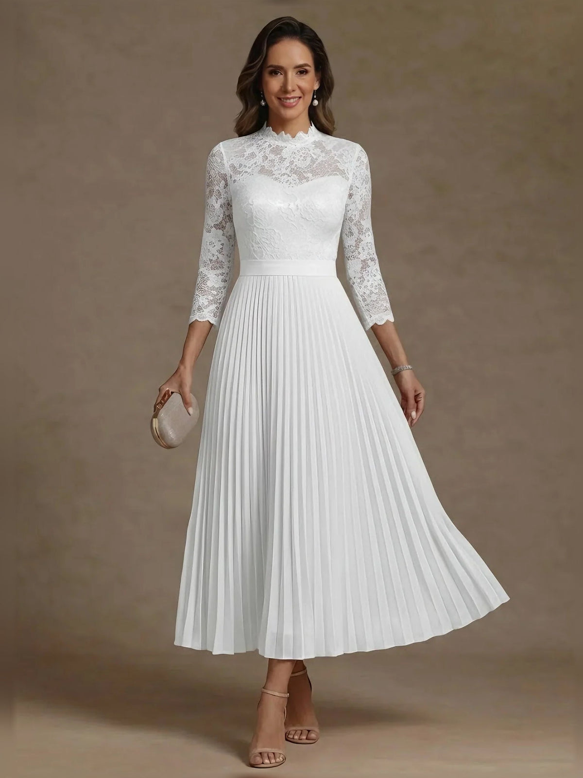 Ivory pleated high-neck chiffon dress with lace long sleeves, tea-length