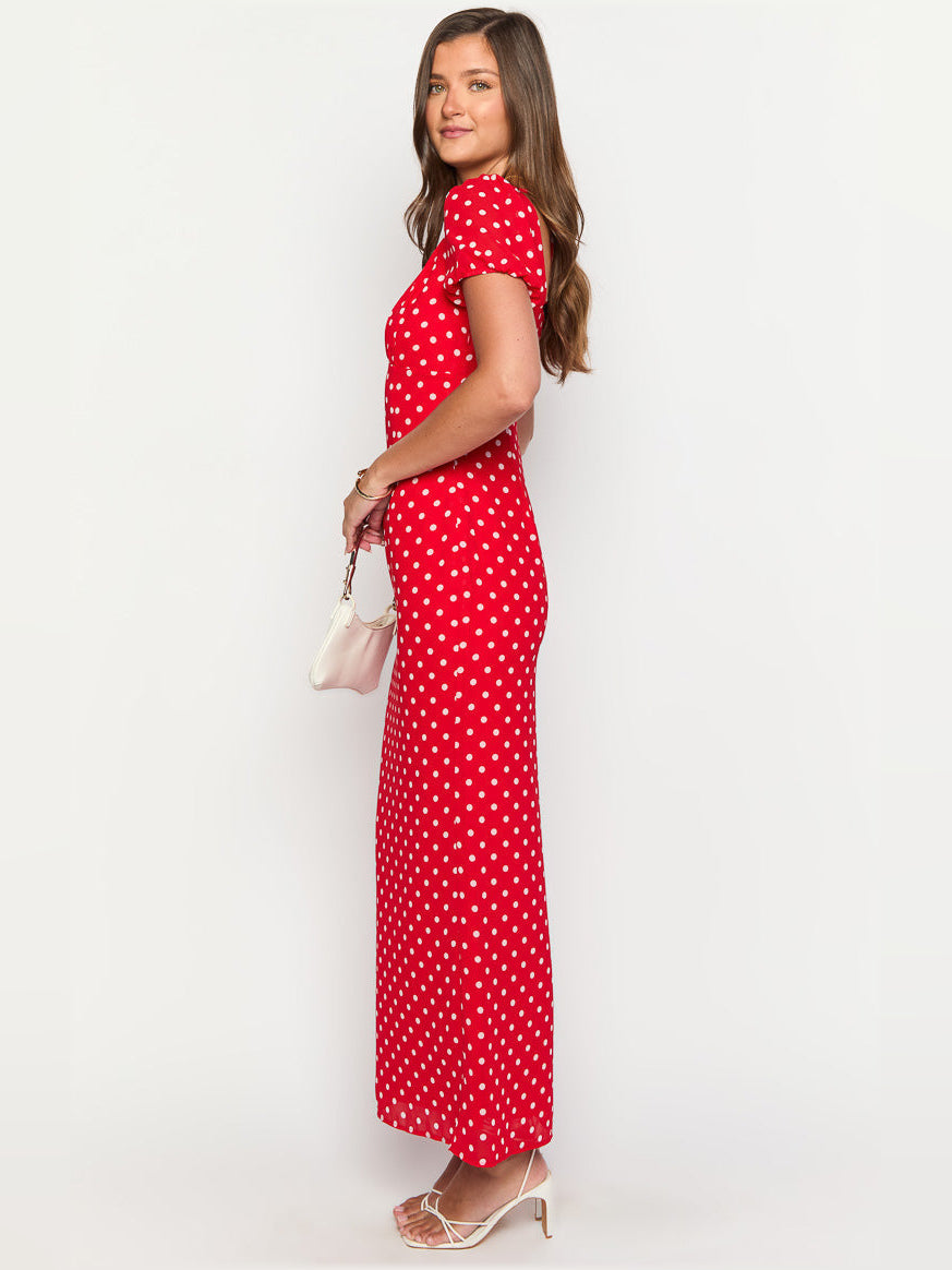 Red Polka Dot sheath maxi formal dress with printed pattern, alternate view