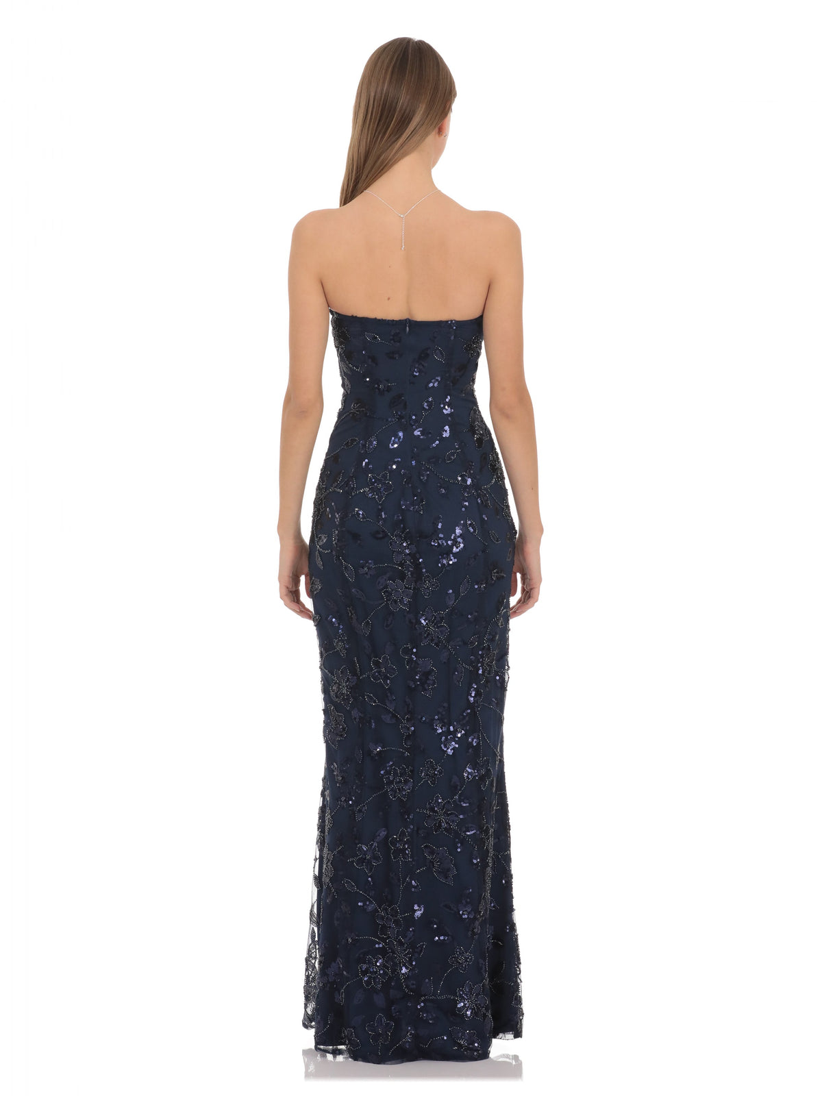 Navy bridesmaid dress with mesh construction and maxi hem