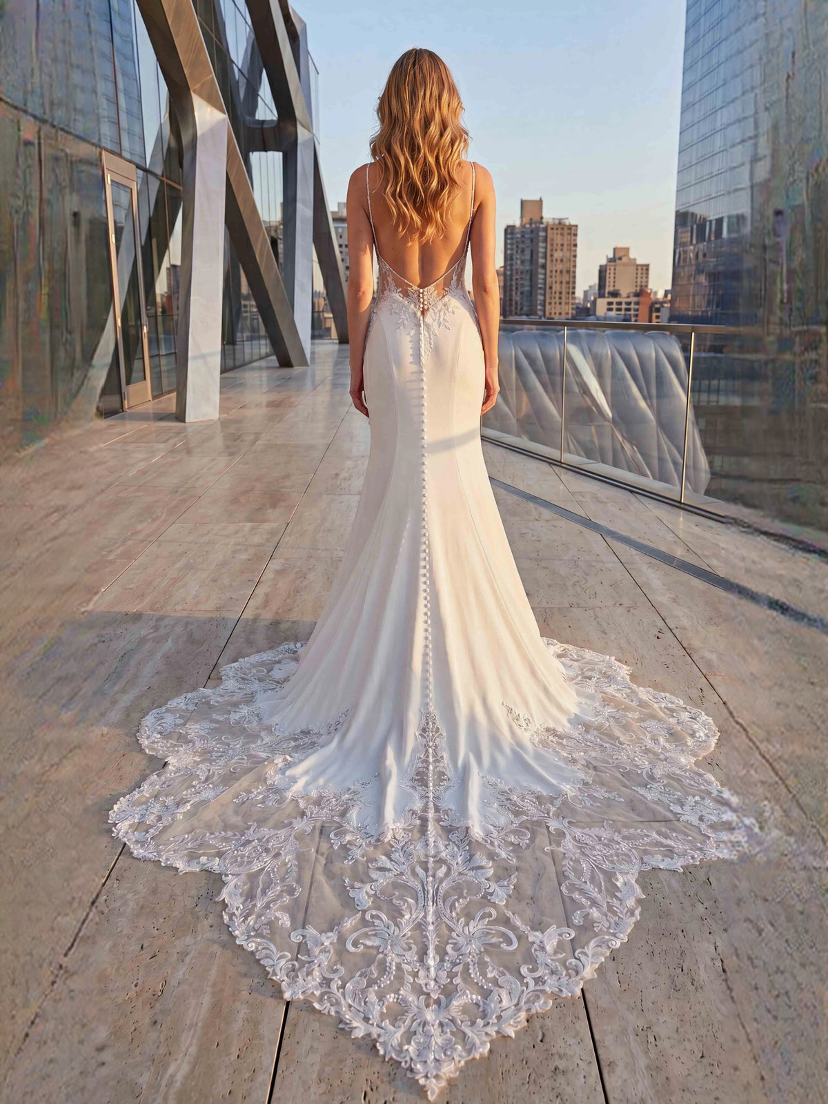 White mermaid wedding dress with V-neck, low back, and lace cathedral train