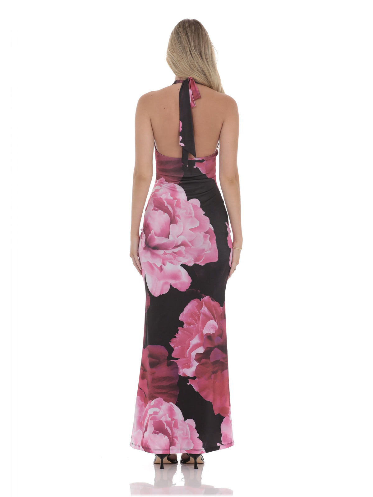 Black bridesmaid dress with structured woven fabric construction and maxi hem