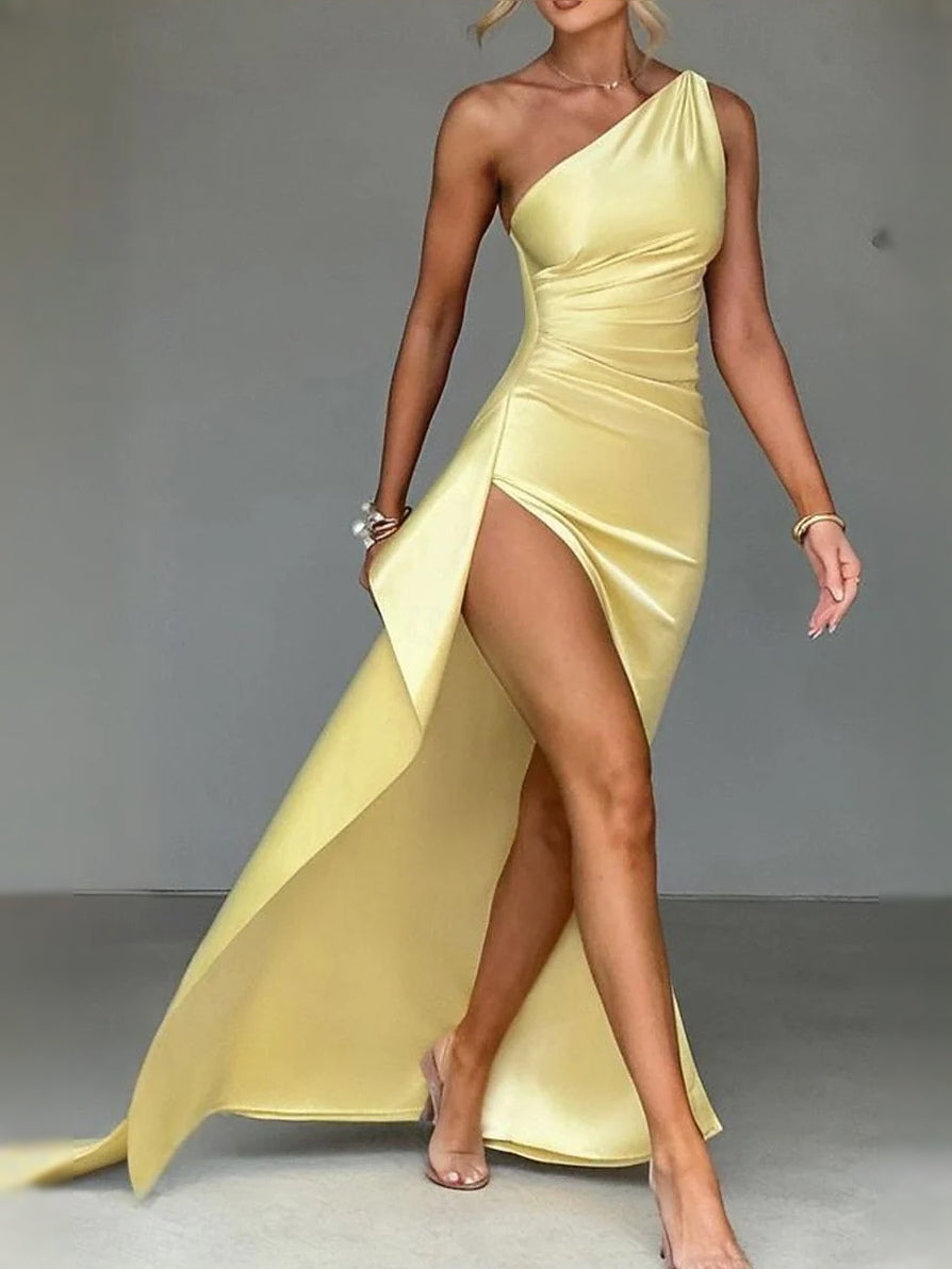 Canary satin one-shoulder ruched mermaid gown with high slit and flowing drape
