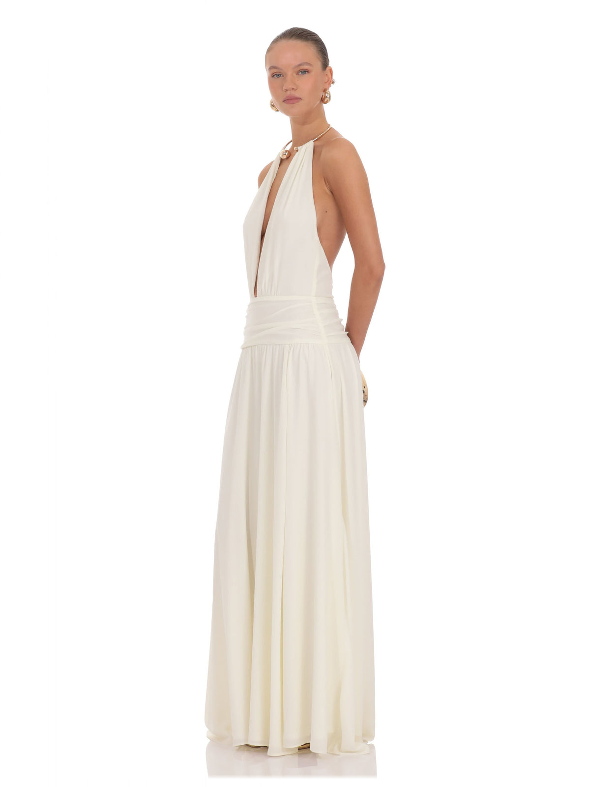 Ivory bridesmaid dress with structured woven fabric construction and maxi hem