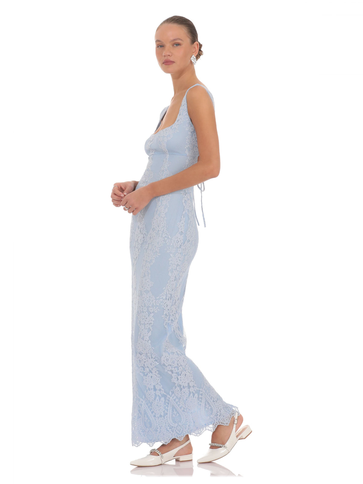 Light Blue bridesmaid dress with mesh construction and maxi hem