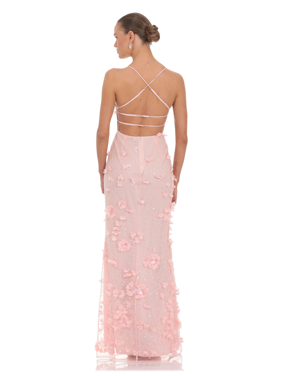 Blush Pink bridesmaid dress with structured woven fabric construction and maxi hem