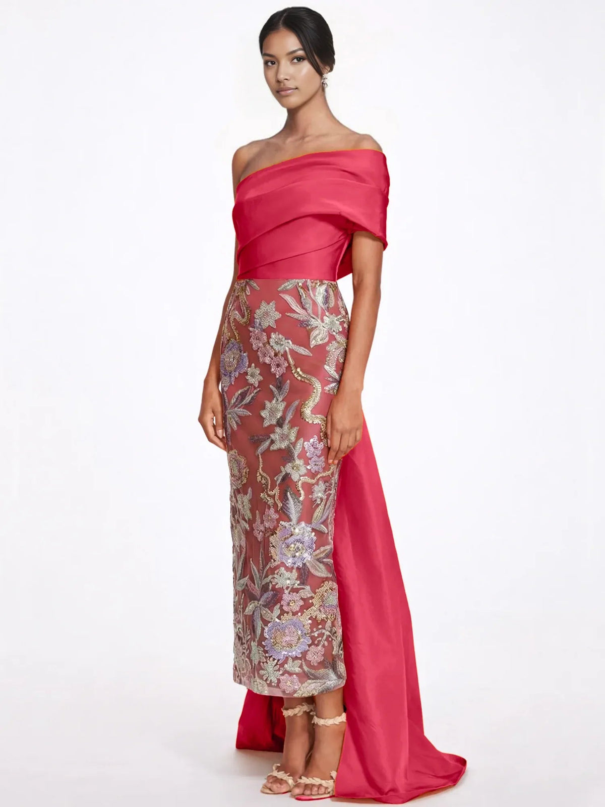 Raspberry one-shoulder floor-length formal dress with floral lace-like panel