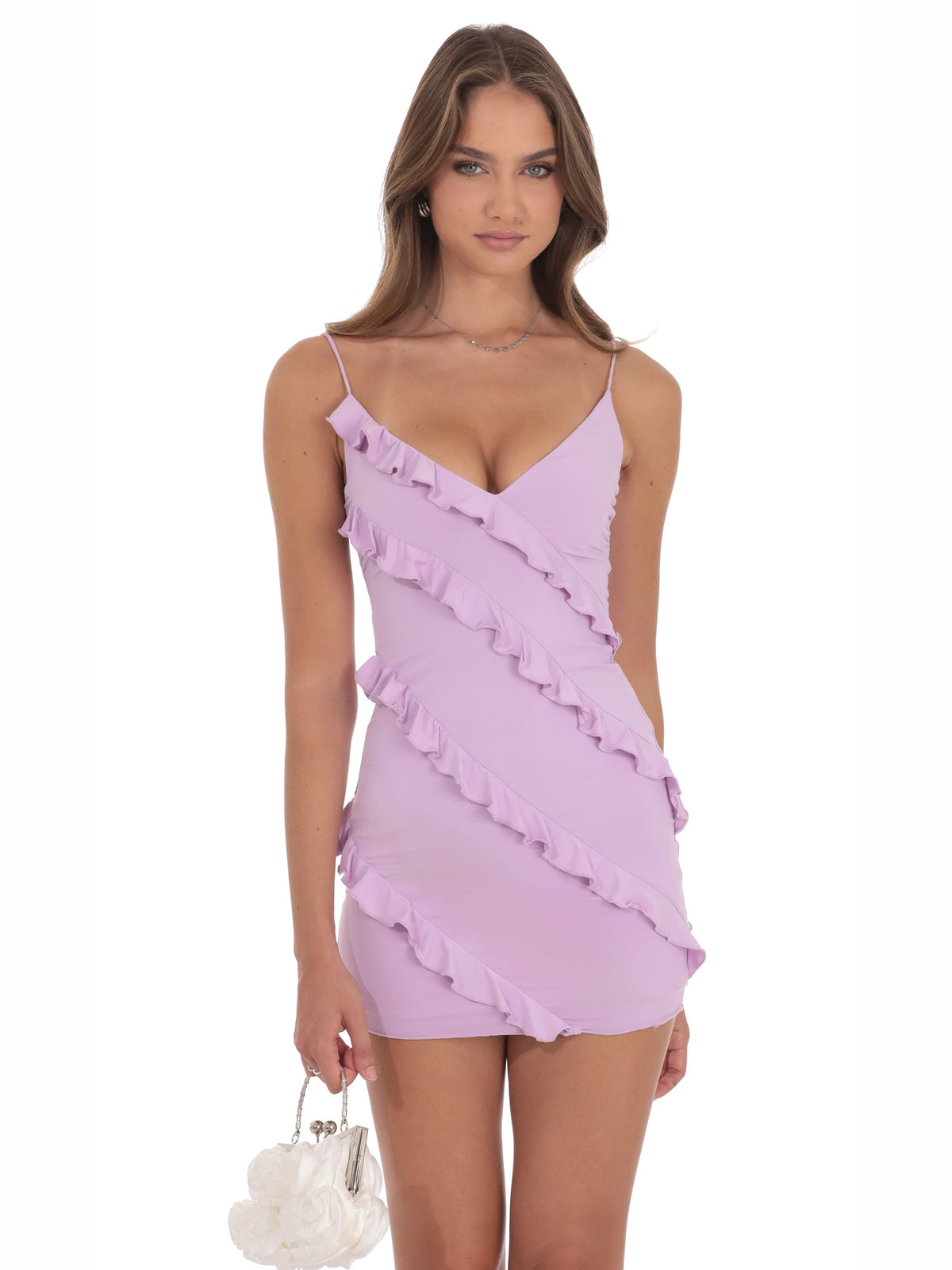 Lilac homecoming dress with structured woven fabric construction and mini hem
