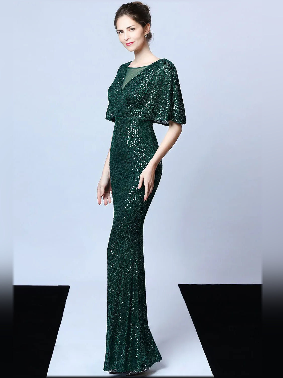 Dark green V-neck sequin mermaid formal dress, floor-length, short sleeves