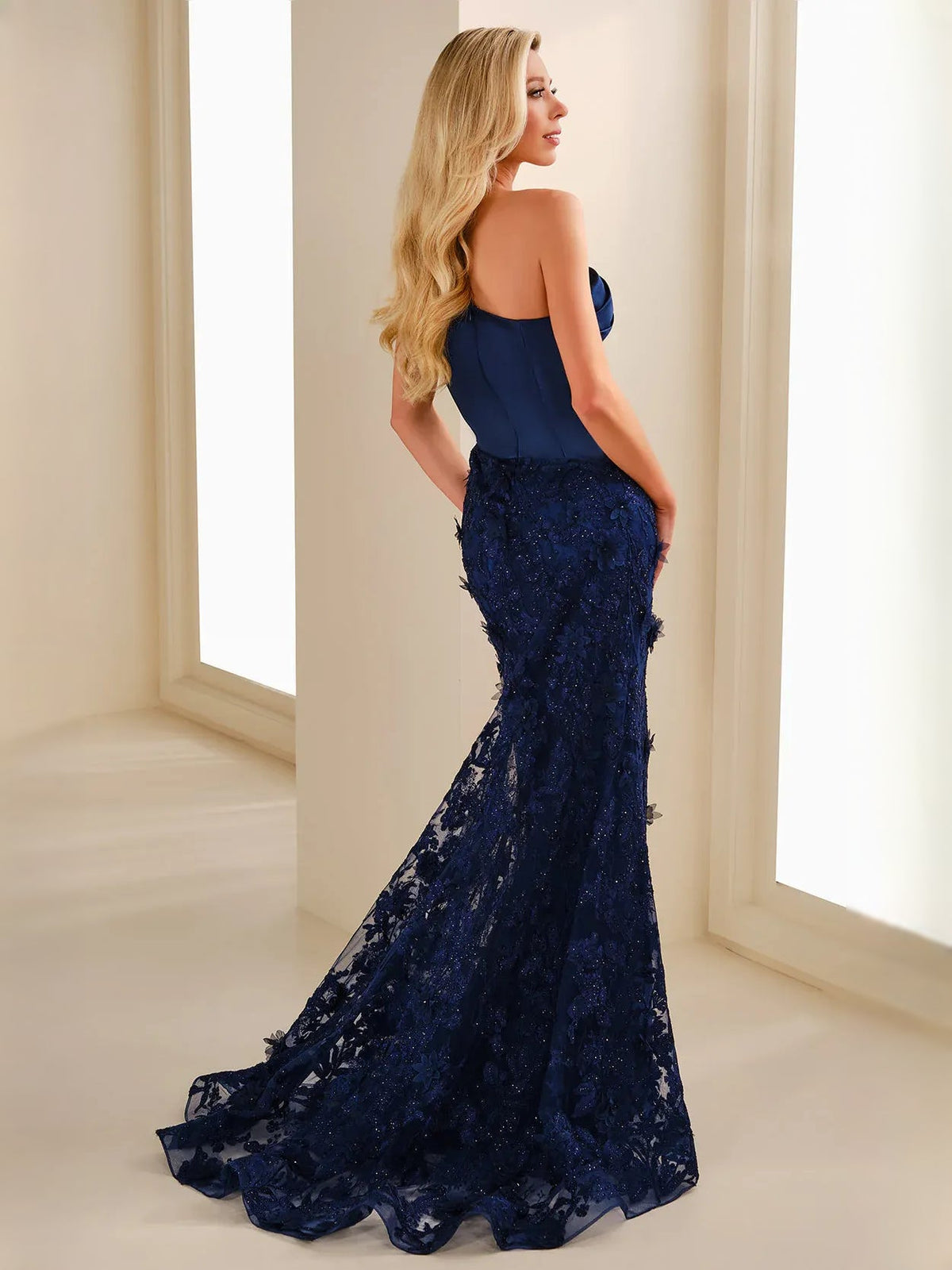 Navy blue one-shoulder formal dress with floral lace mermaid hem, floor-length