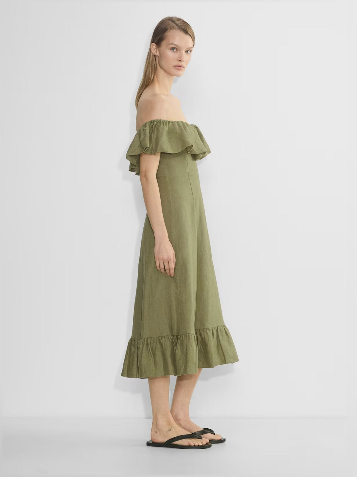 Olive off-shoulder linen midi dress with ruffled neckline and flared skirt