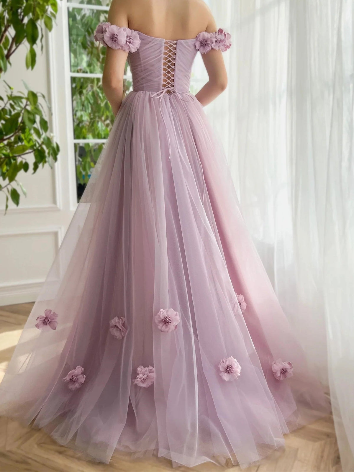 Lilac off-shoulder A-line tulle prom dress with lace-up corset back and 3D flower appliques