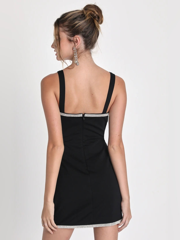 Black sleeveless bodycon mini dress with strappy back and rhinestone-trim hem