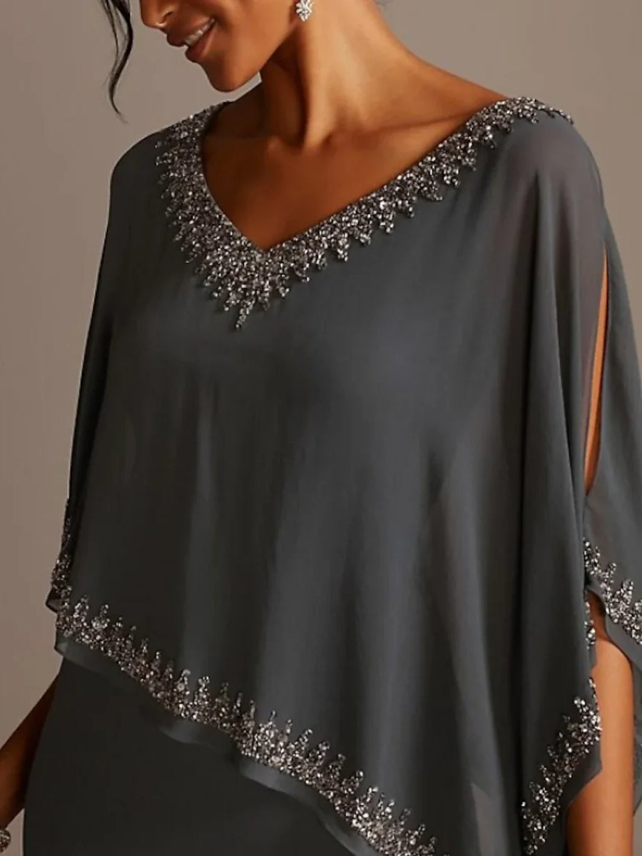 Gray beaded V-neck chiffon dress with sparkling neckline and embellished sleeve trim