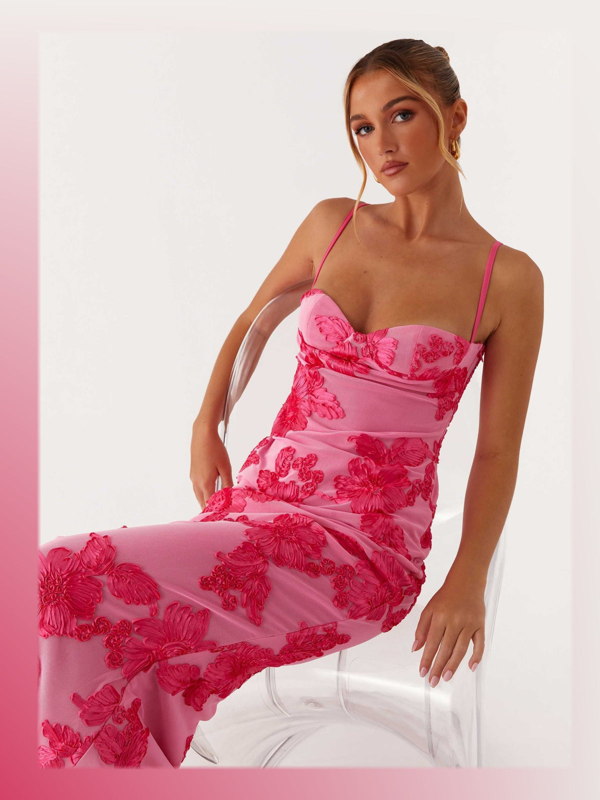 Pink maxi formal dress, alternate full-length view showing the waistline