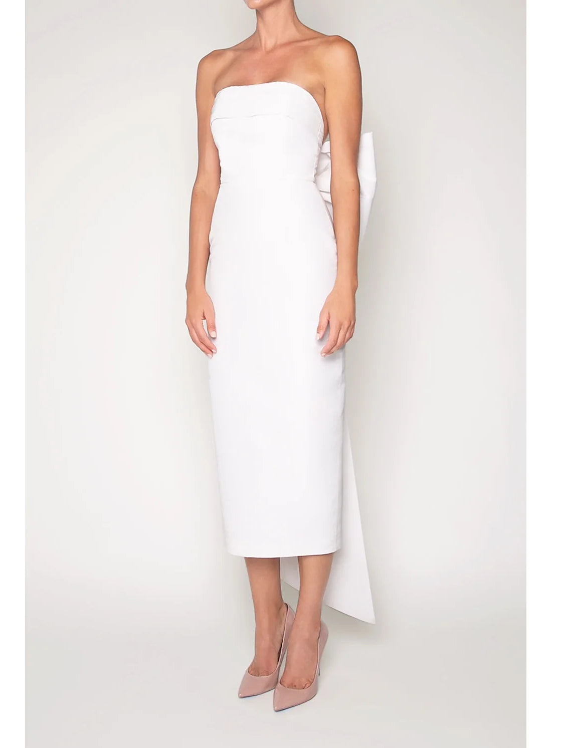 Ivory strapless sheath midi prom dress with fitted bodice and straight hem