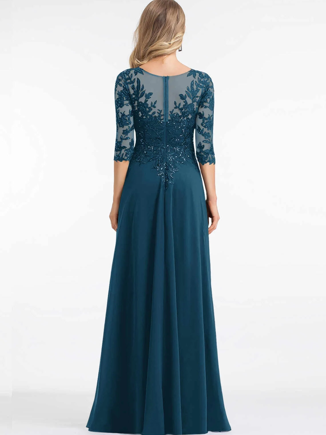 Embroidered sequin floral maxi dress, back view, dark blue, V-back A-line silhouette