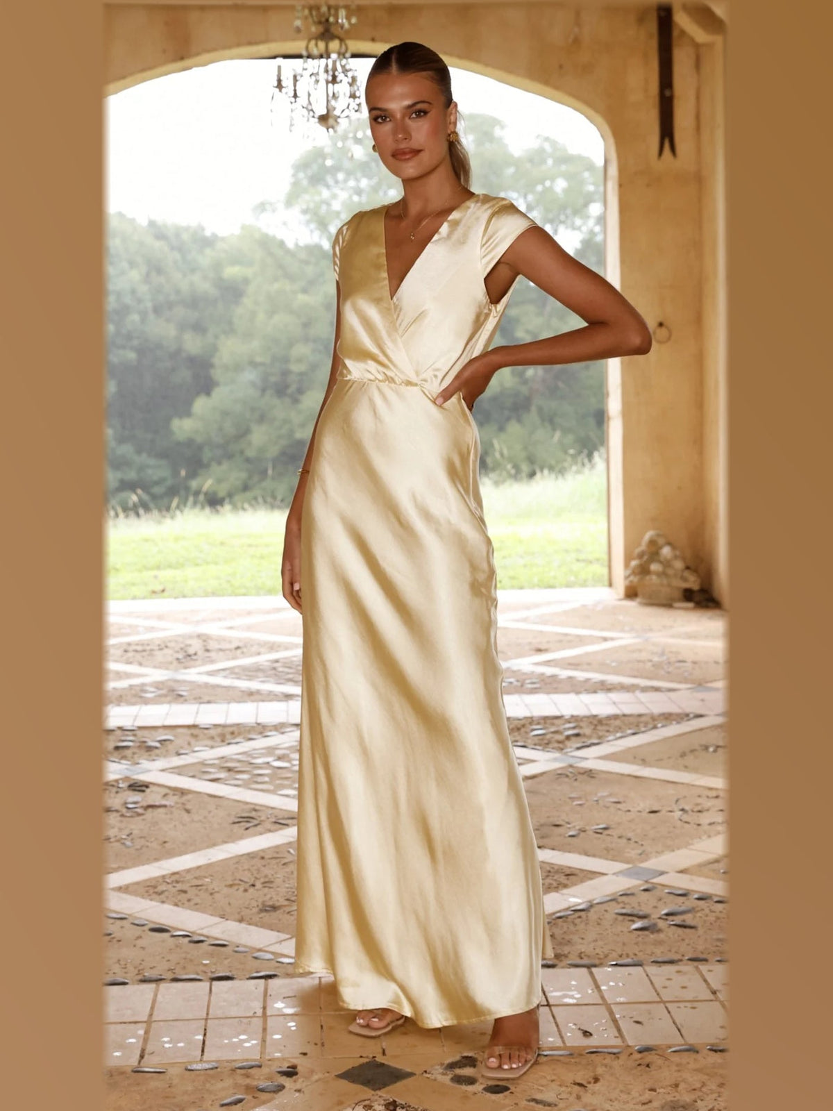 Yellow maxi formal dress, alternate full-length view showing the waistline