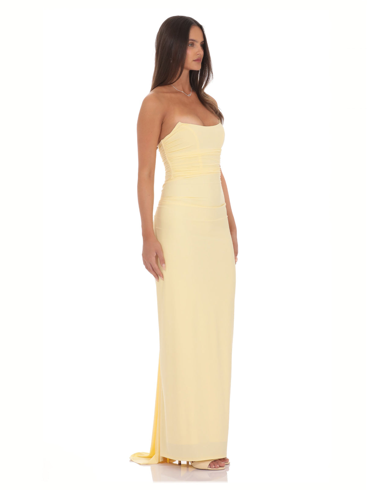 Yellow bridesmaid dress with structured woven fabric construction and maxi hem