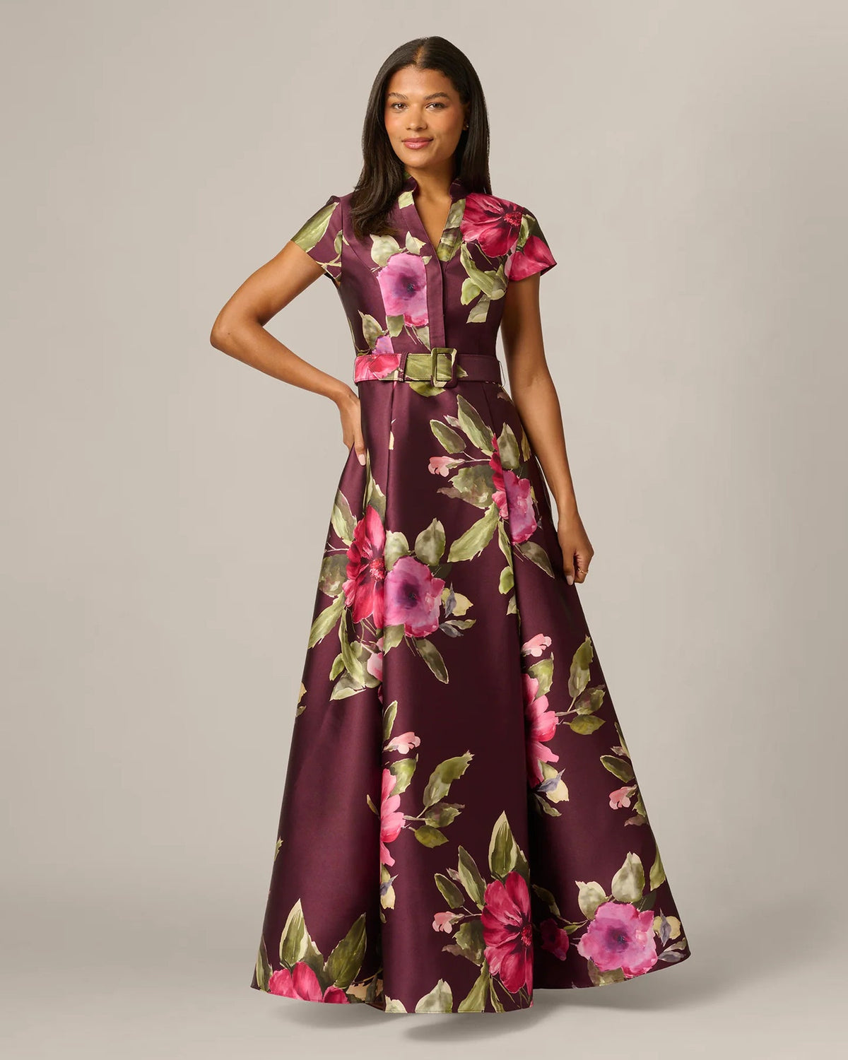 Burgundy floral maxi dress with short sleeves and V-neck; full skirt and waist belt
