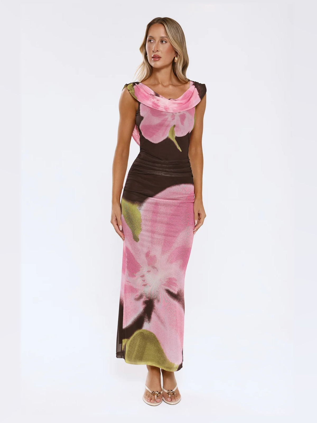 Brown maxi formal dress, alternate full-length view showing the waistline