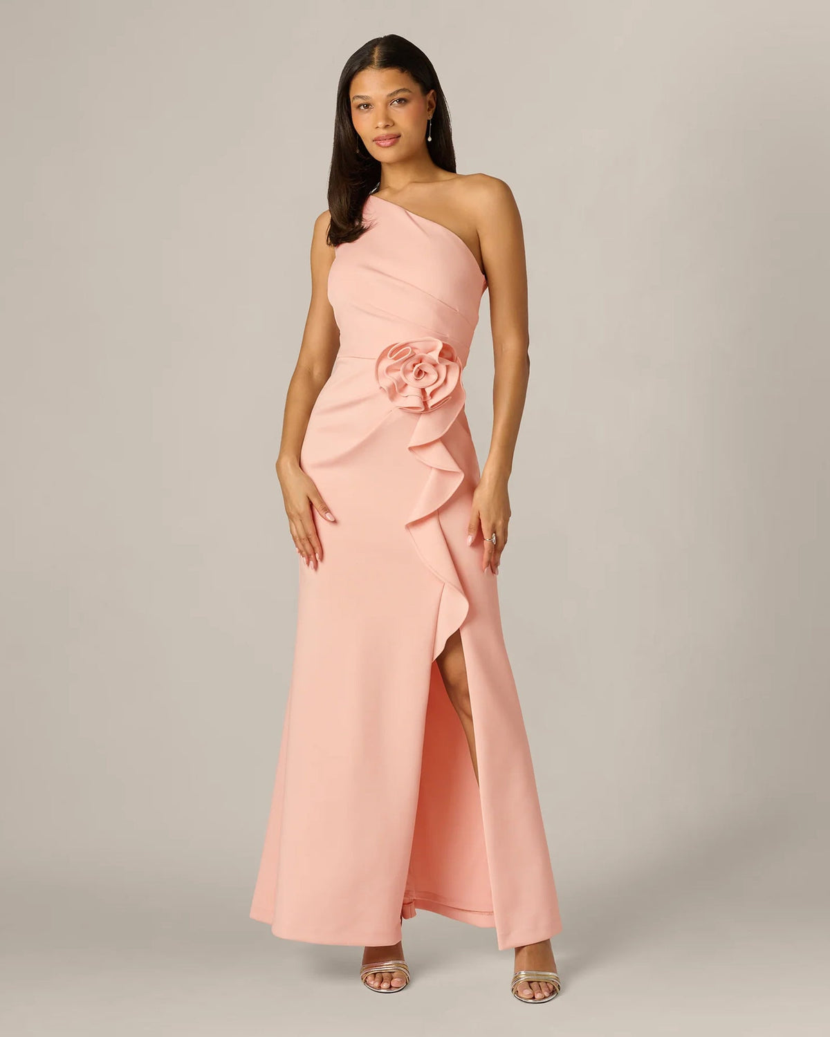 Pink one-shoulder A-line maxi dress with asymmetrical ruffle flower at waist