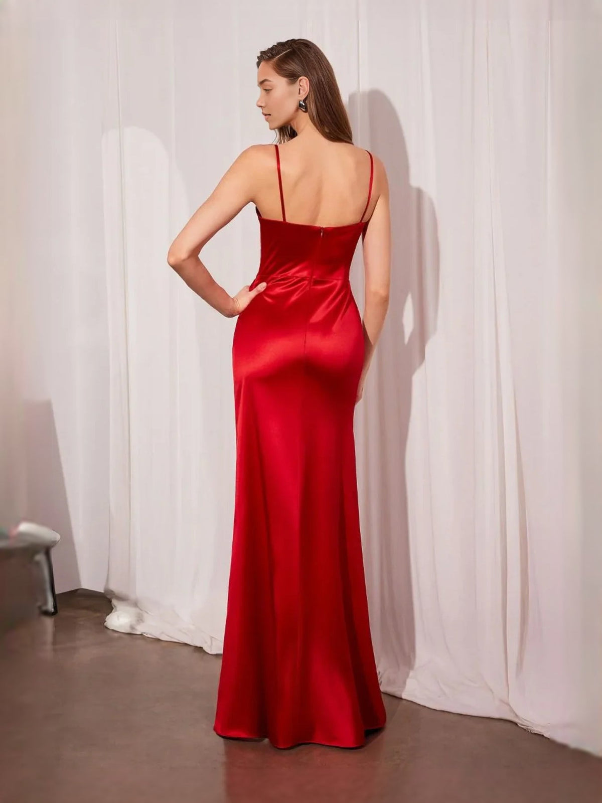 Ruched satin prom dress with open back straps and thigh slit, red