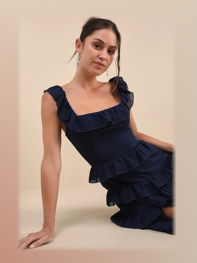 Dark Blue maxi formal dress, alternate full-length view showing the waistline