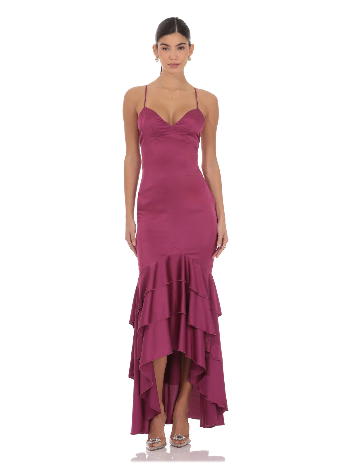 Magenta bridesmaid dress with satin construction and maxi hem