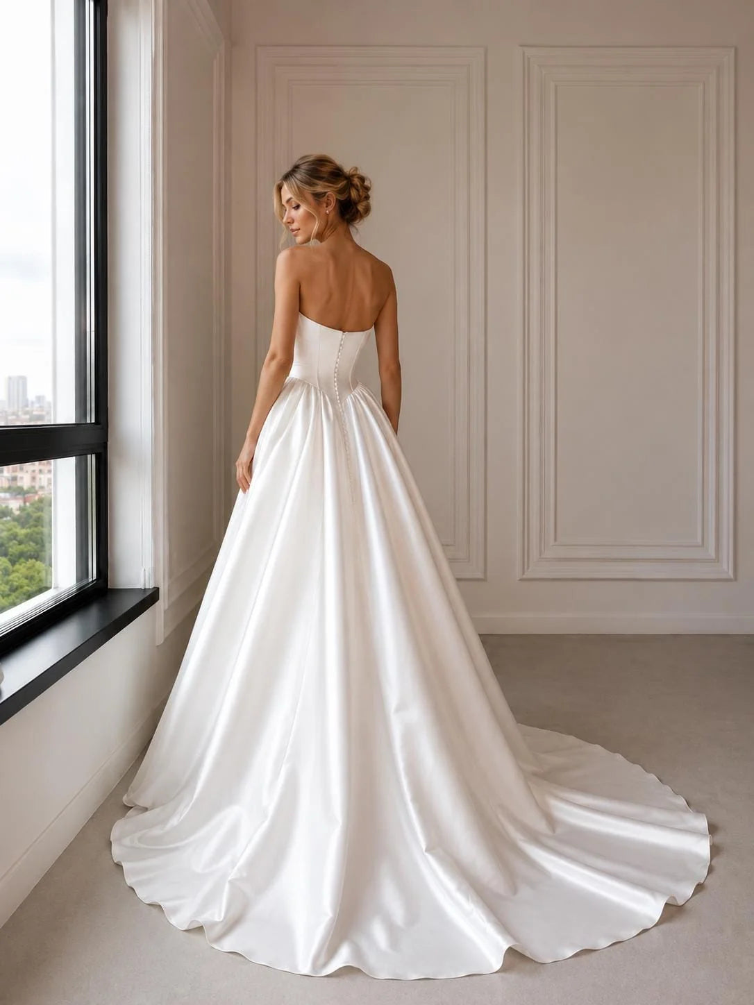 Ivory satin strapless sweetheart corset ball gown with pleated A-line skirt, floor length