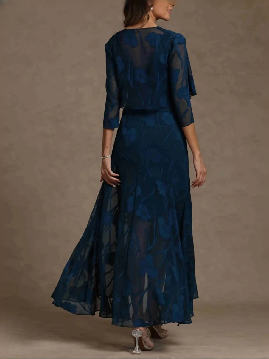 Navy floral V-neck chiffon A-line high-low mother dress, sheer back