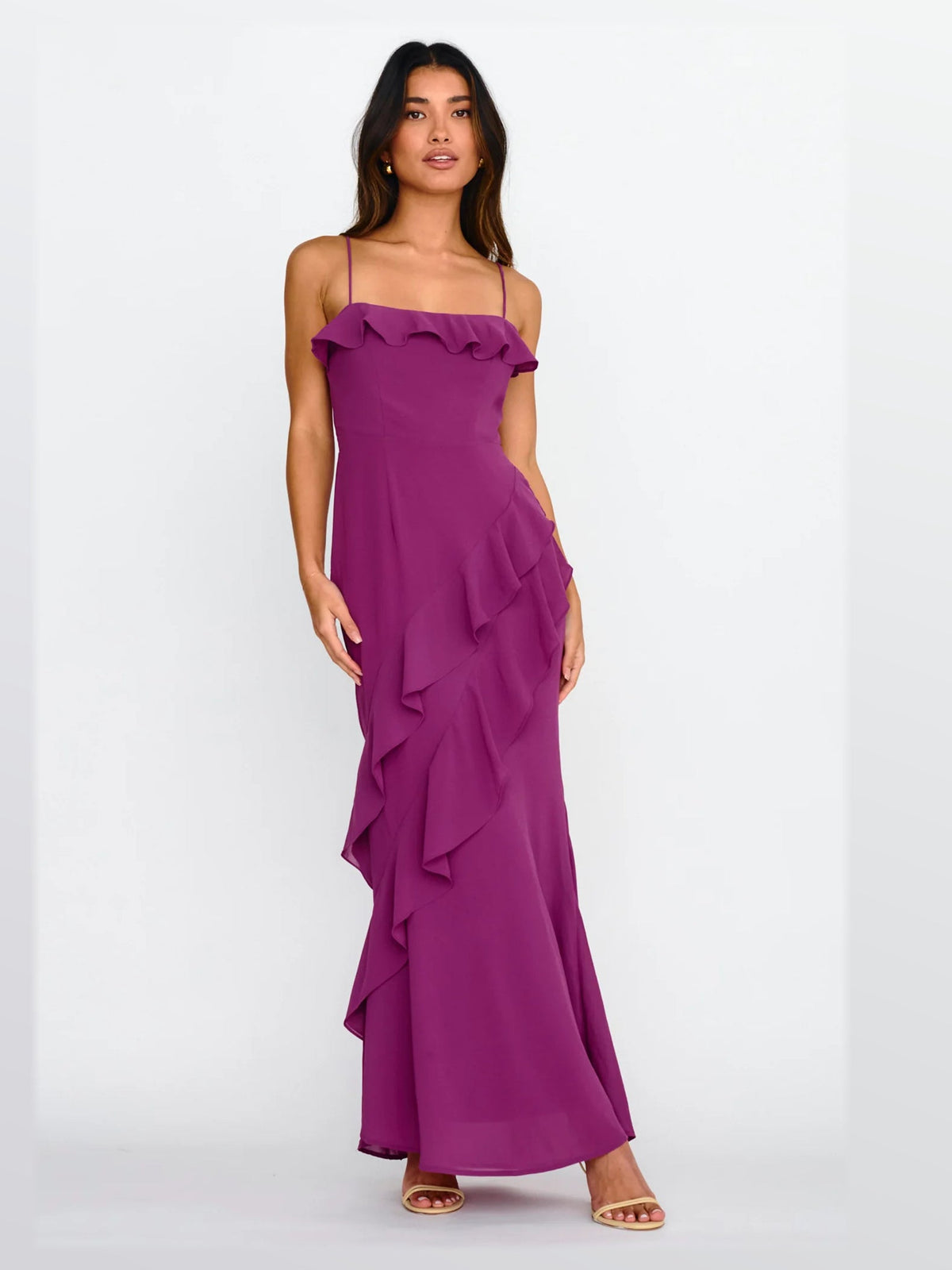 Plum formal dress with structured woven fabric construction and maxi hem