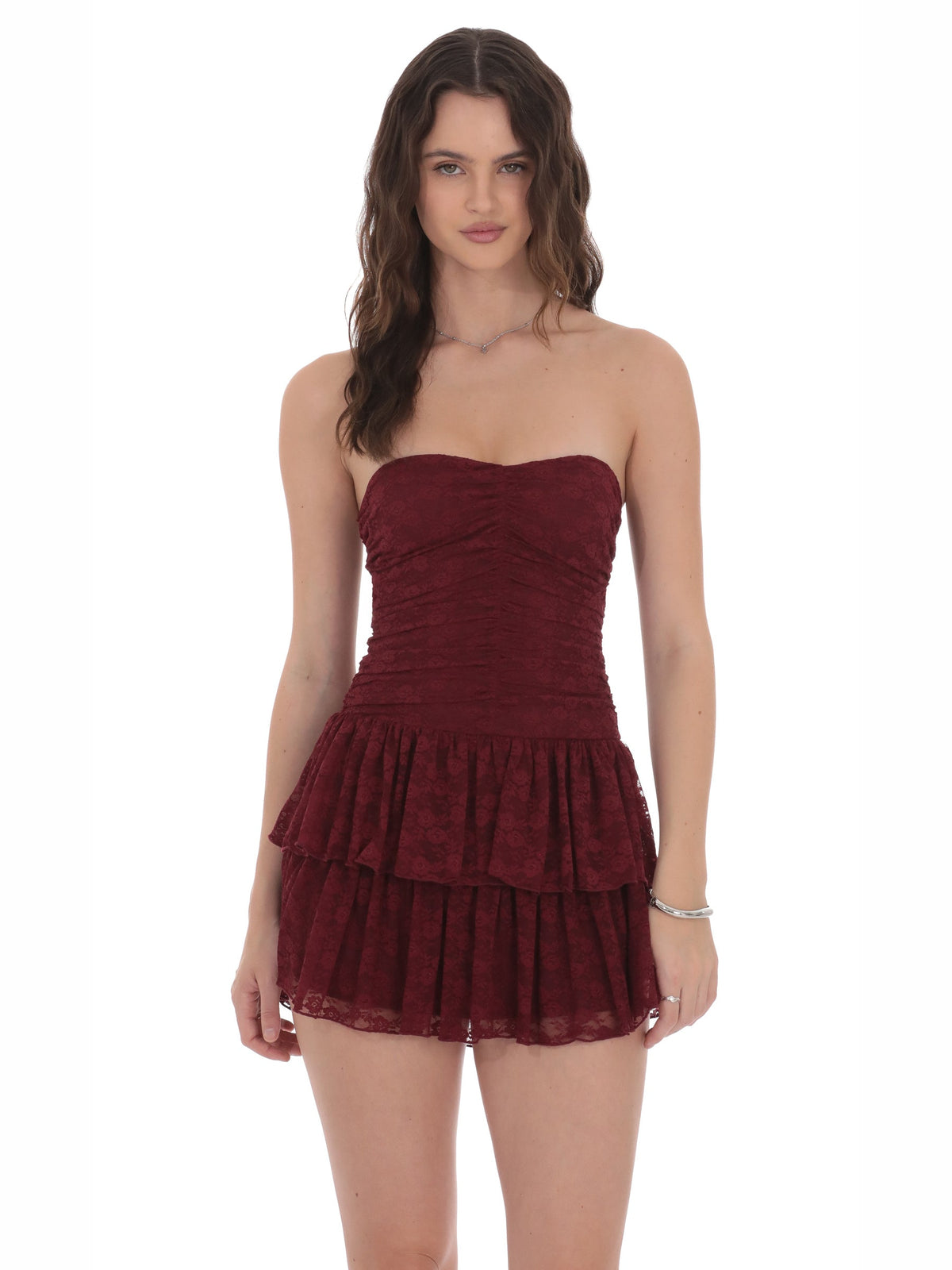 Burgundy homecoming dress with mesh construction and maxi hem