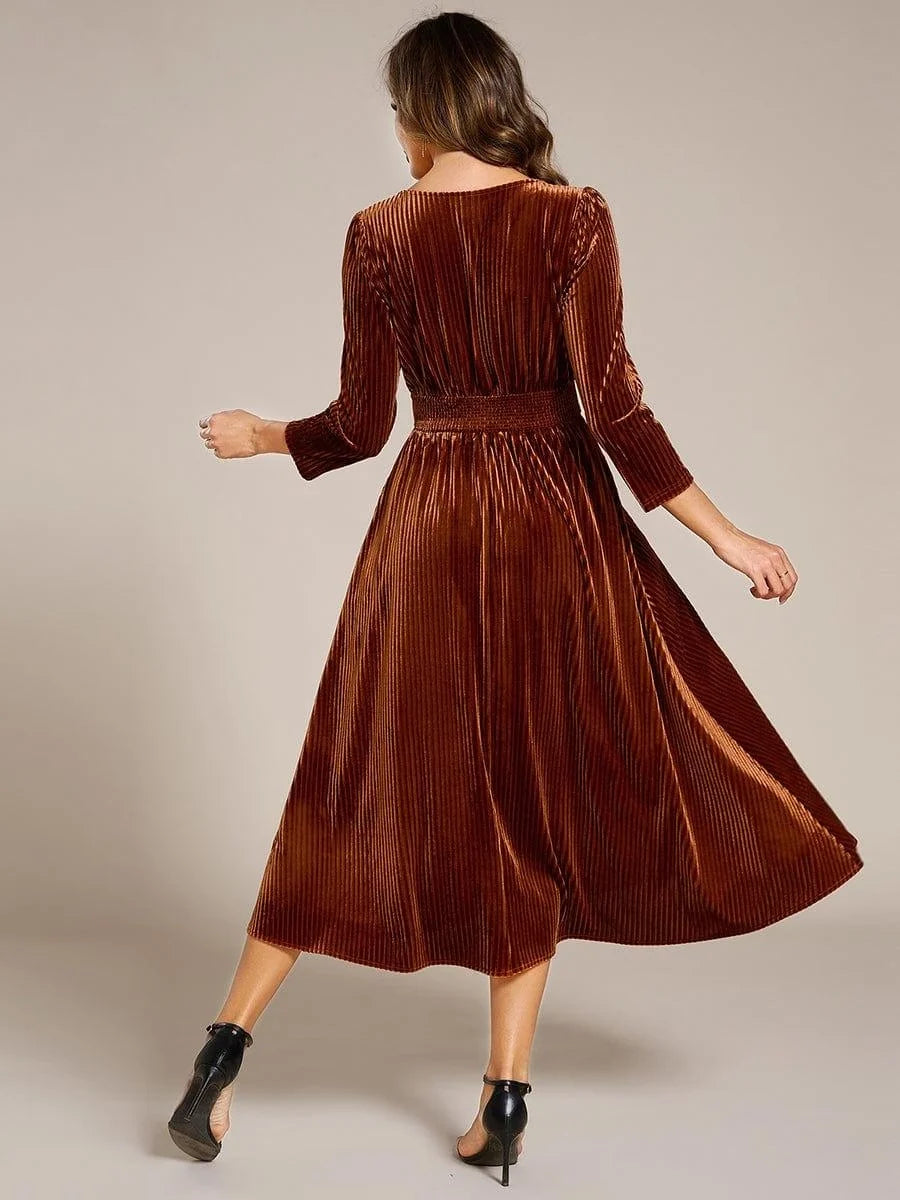 Burgundy velvet V-neck A-line midi dress, back view with long sleeves