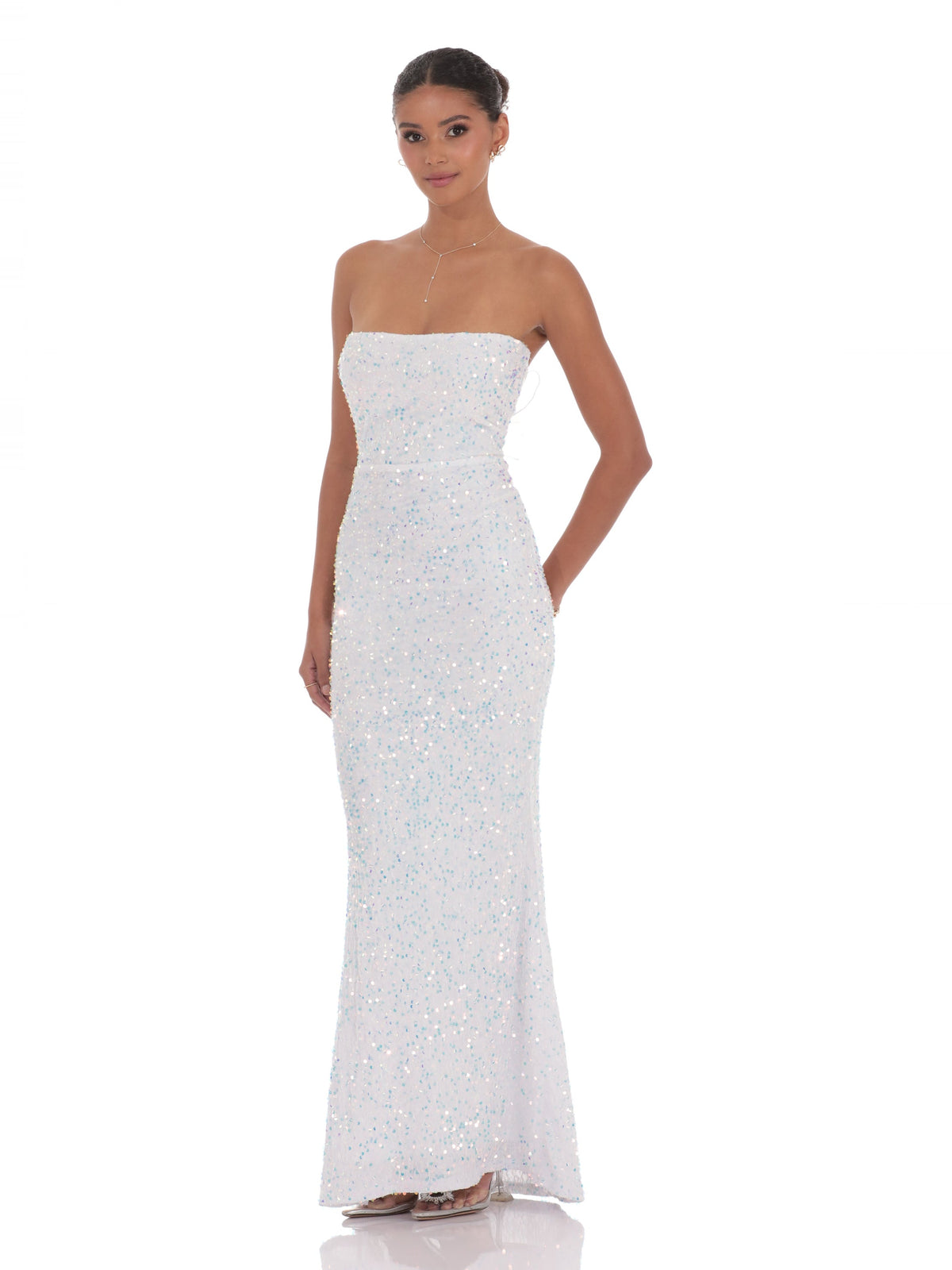 White bridesmaid dress with mesh construction and maxi hem