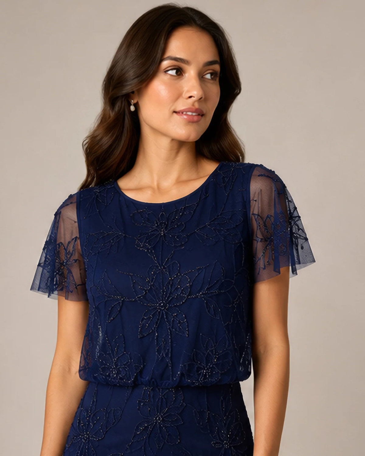 Navy floral embroidered bodice with sheer tulle sleeve details