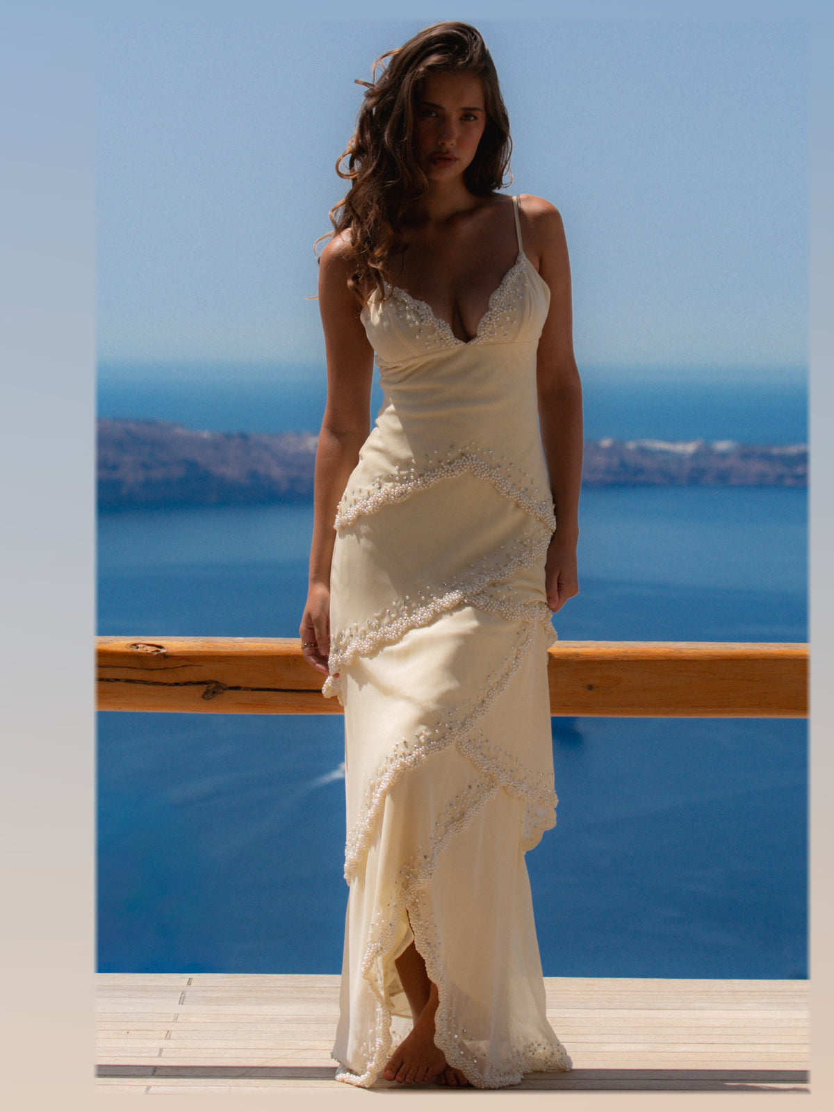 Vanilla formal dress with chiffon construction and maxi hem