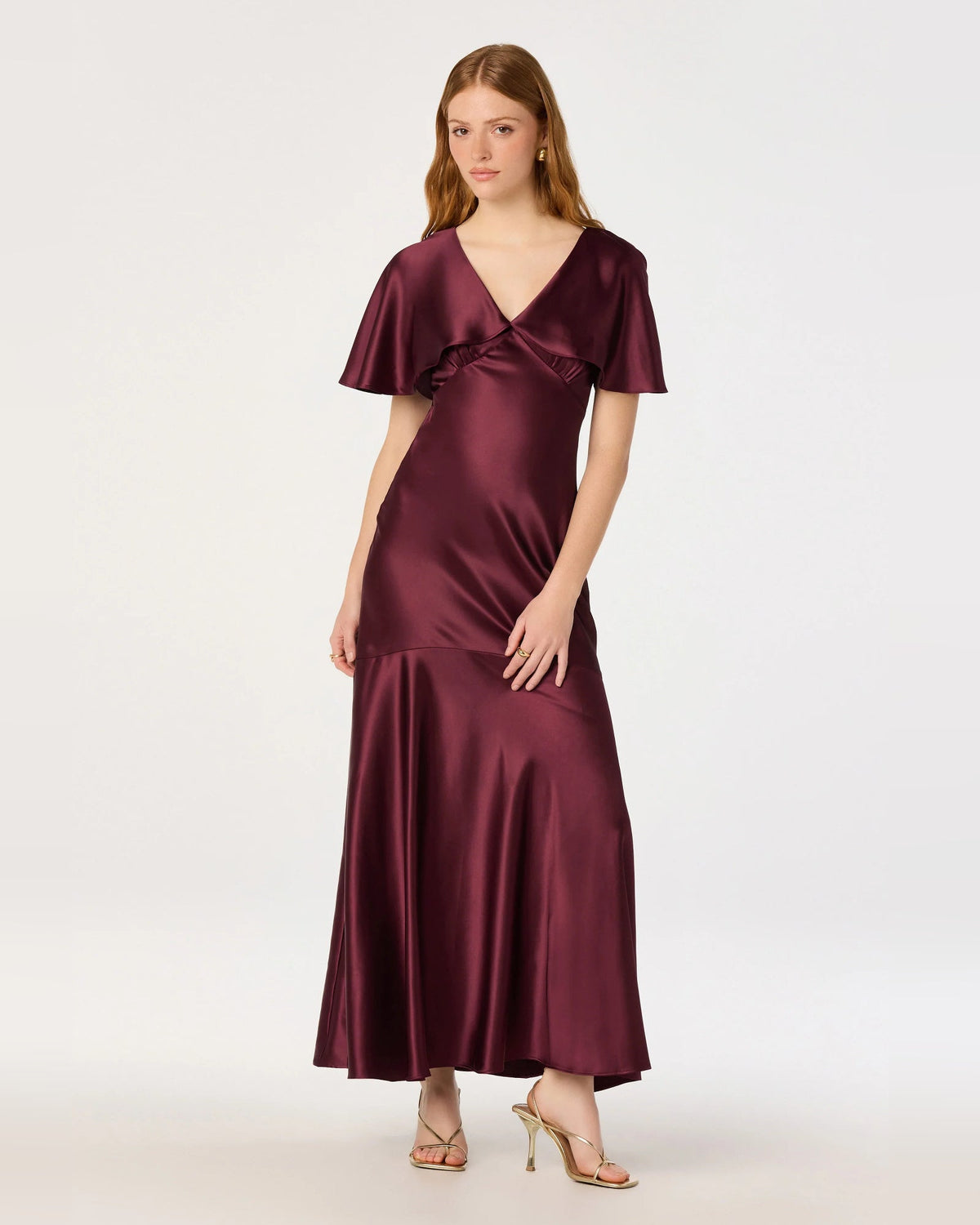 Wine satin A-line maxi dress, V-neck wrap with short flutter sleeves, front full view